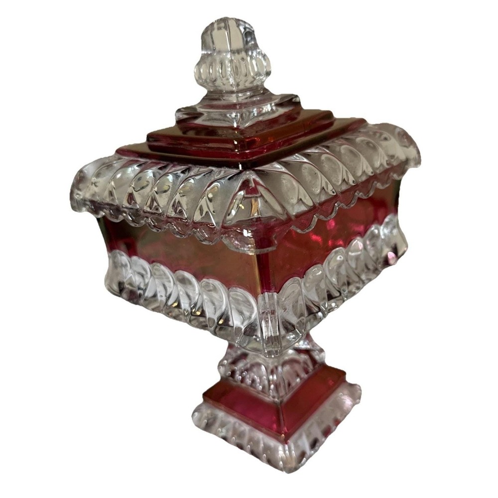 Vtg 1950's Westmoreland  Ruby Red Flash Square Pedestal Wedding Box Candy Dish